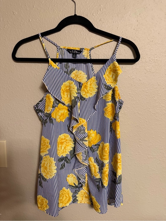 Time To Bloom Tops - L.E.I. Yellow Floral Stripe Ruffle Tank Top